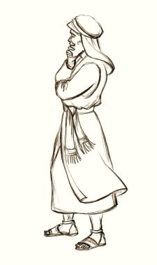 Young adult smart beard male jew guy Jacob doubt wonder holy god faith idea stand rich wise elder senior age priest leader rabbi robe cloth look sky side view. Hand drawn retro Isaac story art sketch