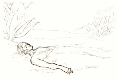 Black pen drawn line art sketch young adult guy boy asleep dream spirit breath beauty head face hair relax nap rest scene. Retro old antique age build form dirt sand mud like alive being white world hope 