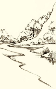 Eski büyük montaj ana hatları siyah kalem el çizilmiş sonbahar dale bayırı seyahat toprak pisti meşe ağacı köknar resim retro doodle kağıt tarzı. Sanatçı hattı Pond Creek sahil sazlığı metin alanı sanat arkaplanı