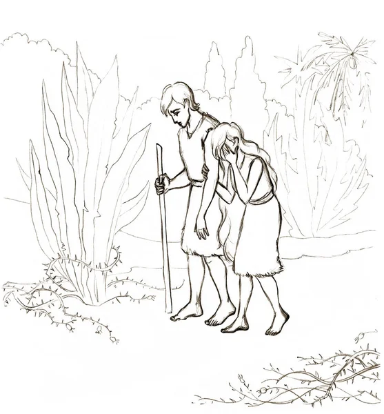 Ручной Рисунок Библии Молодой Взрослый Грязный Набросок Выгоняет Пару Пилигримов — стоковое фото