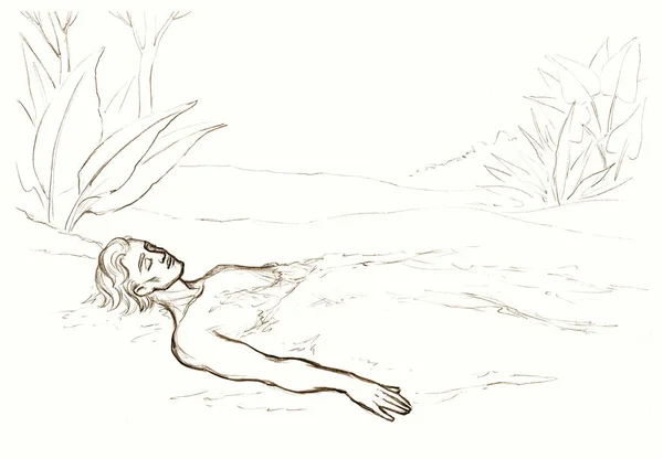 Черная Ручка Нарисовал Линию Рисунок Молодой Взрослый Парень Парень Спит — стоковое фото
