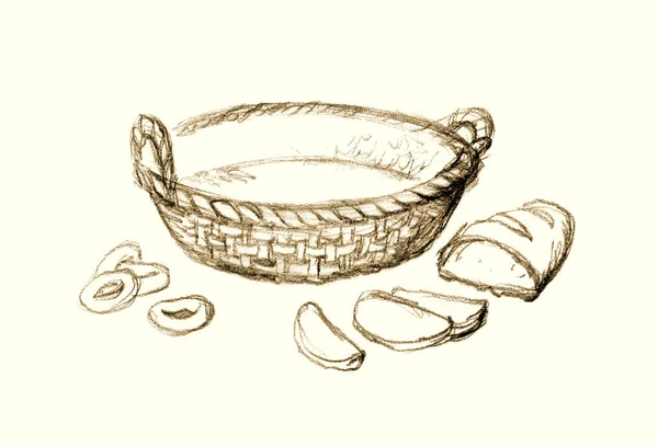 Φρέσκο Ψωμί Στο Καλάθι Σχέδιο Μολυβιού — Φωτογραφία Αρχείου