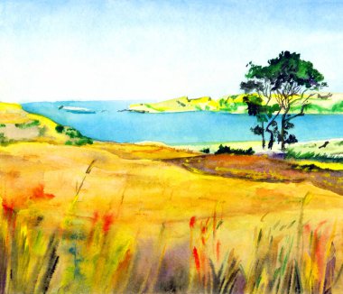 El çizimi parlak boya mavisi cennet sahnesi beyaz kağıt perde arkası metin alanı çiz. Açık sarı renk sakin tarla tarlası deresi koy yolu tahıl ağacı çimen, kaya göleti rüzgar manzarası