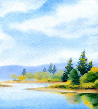 El çizimi parlak resimler, sessiz cennet sahnesi beyaz kağıt arkaplan metni çizimi. Açık mavi renk sakin kırsal tepe bataklık deresi koyu yeşil çimen tarlası çalılık bitki sis bulutu