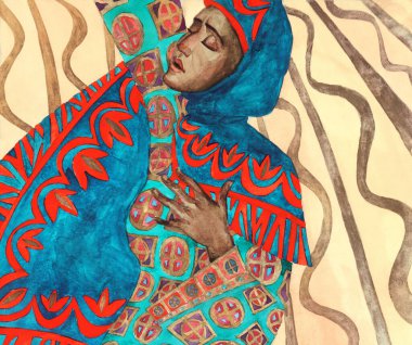 Adult lone arabian mourn weep wish pretty saint jew lady cover head scarf ask help love hope trust Lord Jesus Christ light. Paint drawn devote praise bless asia arab arm sign icon retro artist style