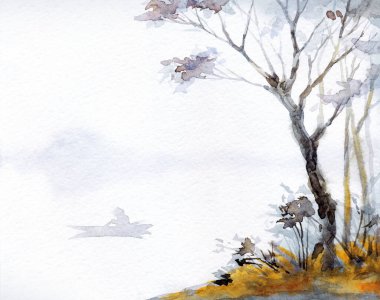 El çizimi resim çizimi, Creek Körfezi sisi, yağmur sahnesi, arka plan kâğıdı, metin alanı. Açık gri renkli, sisli, bulutlu, sakin, eski, kır bahçesi, okyanus yelken taşları, kumsal çalıları, sonbahar manzarası.