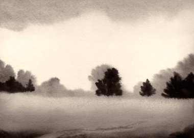 El çizimi açık renkli suluboya resim taslak su deresi deresi, gölet kıyısı yağmur sahnesi, kağıt metin arkaplanı. Pembe renk sakin sonbahar sisi duman çalılık ağaçlık bitki izi kırsal manzara