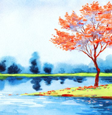 El yapımı, soyut Çinli ressam suluboya resim çizimi kâğıt metin arkaplanındaki bulanık sis sahnesi. El çizimi açık pembe renk kiraz ağacı sakin vadi kırsal manzaralı sanat eserleri
