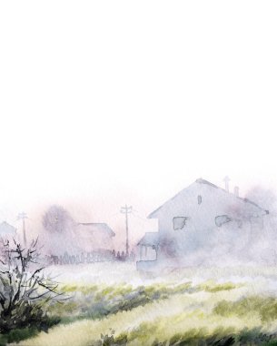 El çizimi suluboya ahır kulübesi açık kağıt metin arkaplanı. Sakin, nemli, sisli, kır ağacı manzaralı, dumanlı, parlak, mavi renkli, geçmişe dönük sanat eserleri.