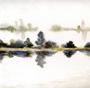 El çizimi suluboya resim çizimi kağıt metin alanı. Kırsal sakin çalı çalısı, çalı tarlası, dere yatağı, sel, yağmur manzarası. Serin bahar sisli sonbahar kumsal eski sanat eserleri sahnesi