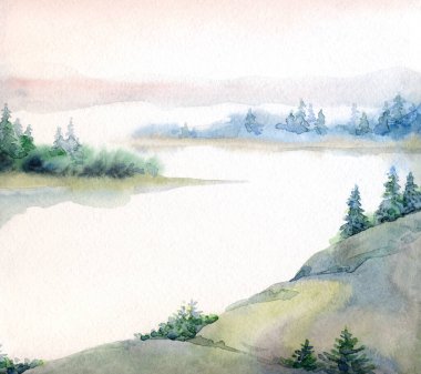 Açık kağıda elle çizilmiş suluboya resim. Yazı uzayı. Taze taiga tarlası çalılığı. Çalı bitkisi, kayalık arazi. Sessiz bulutlu sonbahar hayatı eski Alp Slope Park sanat eserleri sahnesi. Pond Creek Körfezi manzaralı