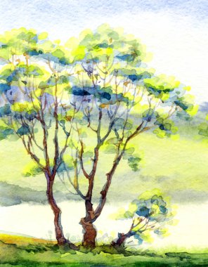 Parlak el çizimi suluboya ressamı temiz hava batımı sahnesi çiziyor. Kağıt arkaplan metin alanı. Açık yeşil renkli boya sanat eseri çalılık vadi çimenliği sakin bir günde dere kıyısı manzarası