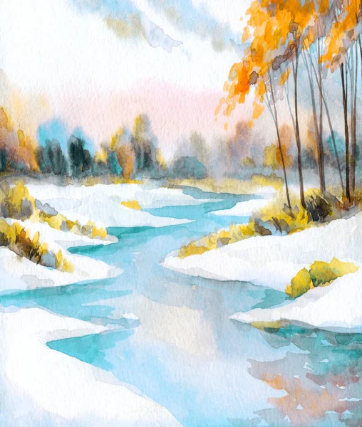 Parlak el çizimi akvaryum boyası. Yeni yıl eskizi. Manzaralı hava manzaralı. Beyaz renk, çayırlık, sonbahar, çalılık, soğuk, donmuş dere, bahar günü sahnesi.