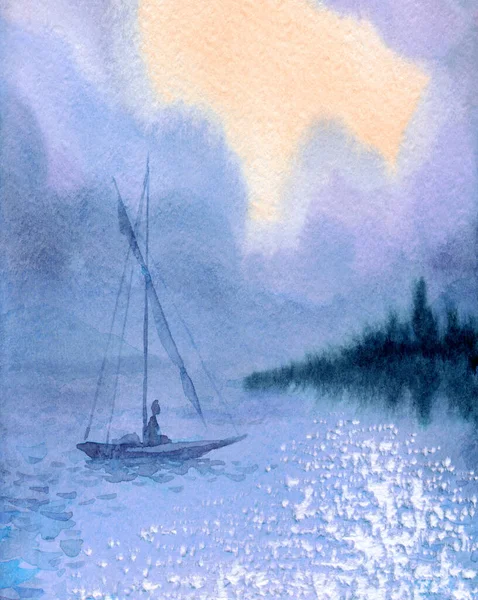 Elle çizilmiş akvaryum boyası eskizi vahşi, sakin bahar dalgalı gölet ağacı sahil sahili sahnesi. Beyaz sanat eserleri metin alanı arka plan erkek kuş tasarımı mavi renk güneş cenneti manzarası