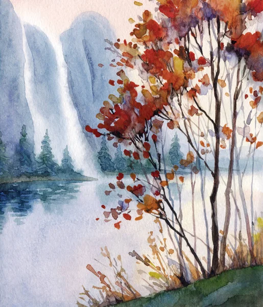 Suluboya boya bulutlu, bulanık, kayalık deniz kıyısı sahnesi, arka plan kâğıdı, metin alanı. Koyu kırmızı renkli sis bulutu vadi çağlayan deresi. Açık hava yabani çalı bitkisi kır manzaralı çizim çizimi