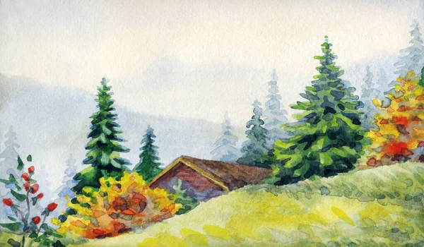 Hand drawn watercolour paint sketch on paper backdrop text space. Bright yellow color cloudy mist rain travel cabin scenic view. Outdoor ancient park shrub plant branch fog land retro artwork scene