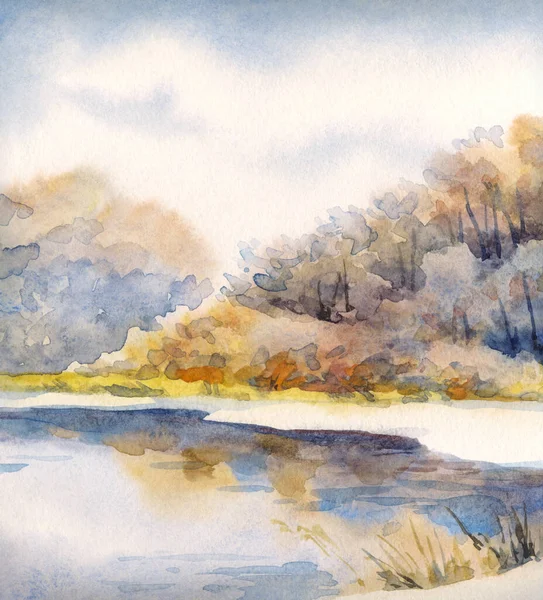 Açık renkli kâğıt arkaplan arkaplanı üzerine suluboya resim çizimi. Sakin mavi çalı çalısı kış günü sahnesi. Buzlu yeni yıl Deresi Deresi Körfezi manzarası