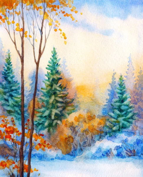 明るい手描きの水彩画は 天に紙のアートワークカードの背景テキストスペースに風光明媚なスケッチ 静かな冬の青い色のペイント日没のアーティストのシーン ホワイト穏やかな氷のクリスマス白樺の丘の谷 — ストック写真