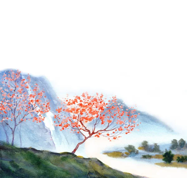 Vårtid Skymning Akvarellfärg Molnigt Dimma Damm Rocky Mount Scen Text — Stockfoto
