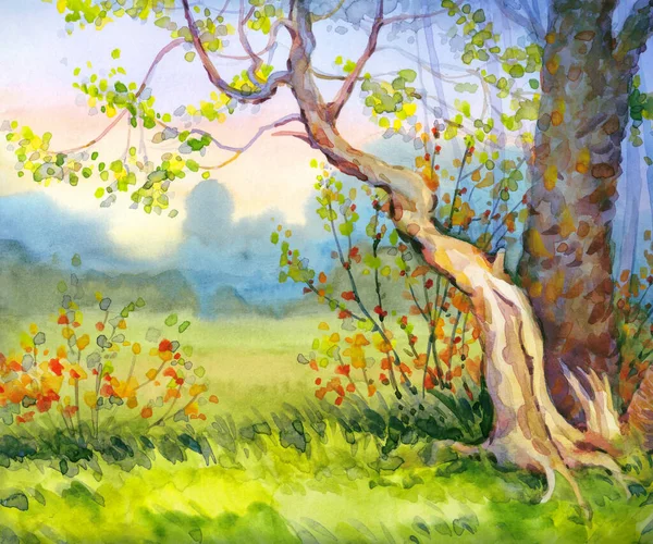 Suluboya el yapımı kağıt fon. Parlak akrilik yeşil çayır. Yaz mevsiminin canlı günbatımının puslu güneşli sisinde eski kavak ağacı çalısı. Sessiz kırsal tarım arazisi sanat eseri yağmur bulutlu sahne