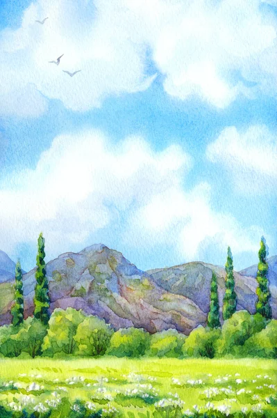 색깔이 수채화 물감은 텍스트를 공간이 배경이다 바위가 산들이 지평선에 나타나기 — 스톡 사진