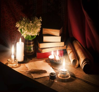 Rustic age art script scroll wed love decor table desk worn blank text space pad page post card. Closeup god Jesus Christ culture night even still life flame fire light notice symbol concept banner