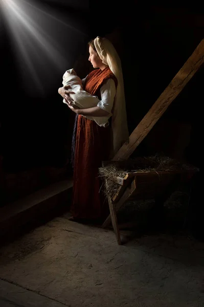 Feliz Menino Berço Sono Vida Símbolo Estrela Luz Pano Branco — Fotografia de Stock