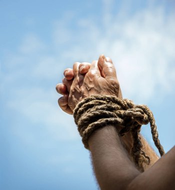 Danger law conflict blue heaven hope text space. Closeup restrict handcuf kidnap punish imprison link frustrate limit. Unable fist bind restrain addict sign close up hopeless abduct arrest caught body