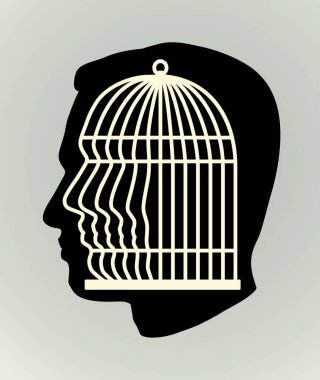 Siyah, boş, üzgün, stres bozukluğu fobisi logo ikon çizgisi çizim çizgisi içindeki bağımlı erkek çalışan profiline bağlıdır. Kapalı, yaşlı kadın, hasta, köle mağduru, işi gücü adalet.