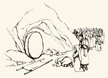 Kutsal beyaz lord kurtarıcı kutsal aziz yahudi üzgün kız Garden Hill sahnesine geldi. El çizimi çizimi eskiz çizgisi eski antika sanat feryat insan hayatı erkek grup tabutu eski moda hikaye