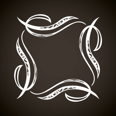 Eski sevimli romantik kitap kurdelesi kıvrımlı fiyonk etiketi siyah tahta arka planda izole edilmiş. Serbest beyaz tebeşirle çizilmiş kıvrımlı logo simgesi işaret dairesi artistik kıvrımlı karalama stili