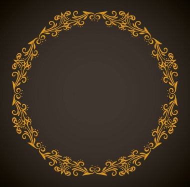 Koyu siyah kart arka planında izole edilmiş eski, sevimli, altın renkli, romantik kurdele yayı kıvrımlı, fiyonklu etiket. Daire altın çizgisi kıvırcık işaret simgesi logosu sanatsal kıvrımlı karalama stili