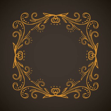 Koyu siyah kart arka planında izole edilmiş eski, sevimli, altın renkli, romantik kurdele yayı kıvrımlı, fiyonklu etiket. Daire altın çizgisi kıvırcık işaret simgesi logosu sanatsal kıvrımlı karalama stili