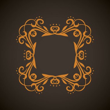 Koyu siyah kart arka planında izole edilmiş eski, sevimli, altın renkli, romantik kurdele yayı kıvrımlı, fiyonklu etiket. Daire altın çizgisi kıvırcık işaret simgesi logosu sanatsal kıvrımlı karalama stili