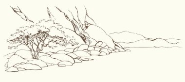 Doğu Arap İnciline ait eski bir Afrika kayalık kanyonu uçurumu, yamaçtaki yemyeşil çalı, manzaralı beyaz gökyüzü metin alanı manzarası. Siyah mürekkep kalem el çizilmiş Sıcak Asyalı sahne retro karikatür sanat dolap tarzı