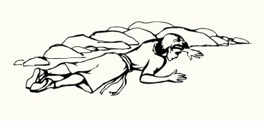 Young hasta, bitkin, bitkin, yorgun, üzgün, erkek çocuk Ishmael uyuklayan, ağlayan, sarhoş, uyuşturucu bağımlısı Arap kızı acı içinde yatıyordu. El çizimi sıcak, kuru, kirli kaya kumları eski müslüman İslami vektör çizimi.