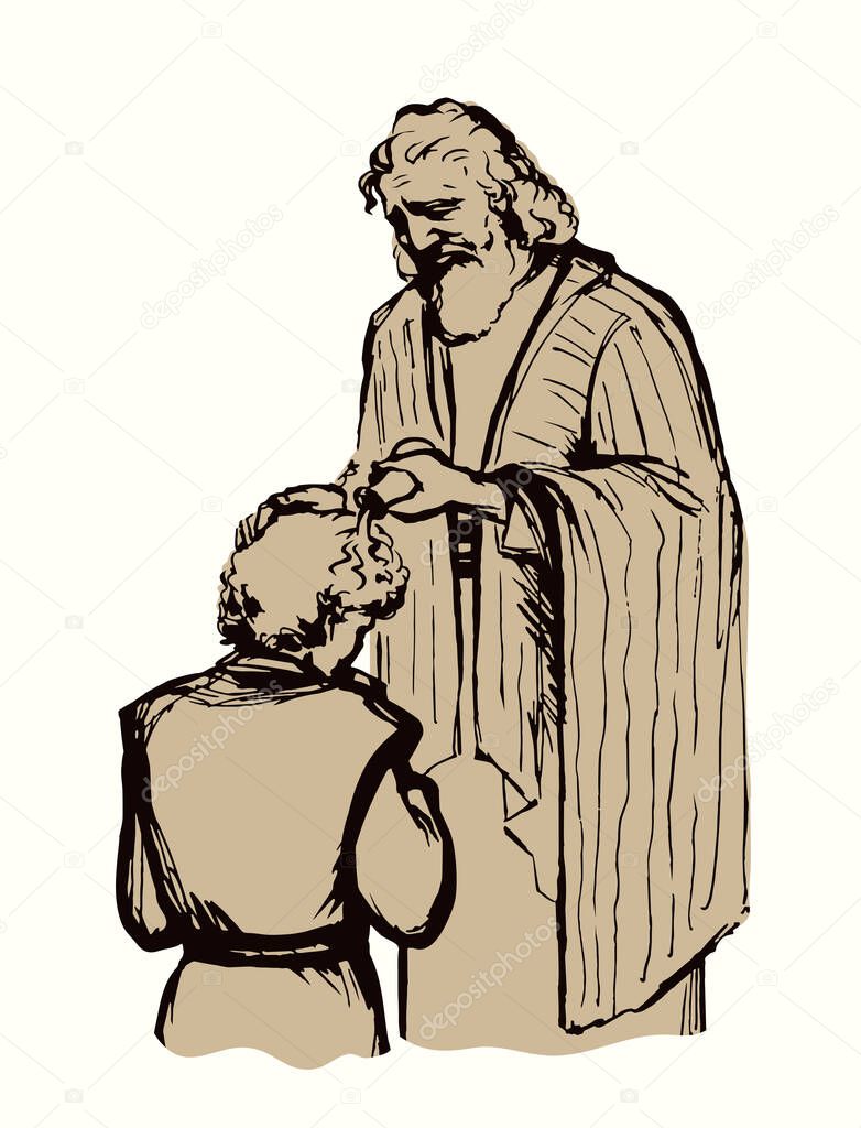 Holy jew senior elder father hold arm hair ask god power cure ill sick male guy son face rite lay pour ordain vow choose kneel young age boy Saul royal church faith human leader ruler Jesus vector art