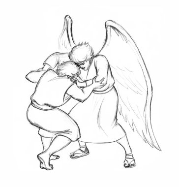 İki yahudi insan dua kolu yarışması kazanır. Dua et de ordu kahramanı beyaz gökyüzü mesaj uzayı kazansın. Koyu siyah çizgi çizilmiş Yahudi rakip oyun oyunu Gardiyan konsept simgesine karşı eski antik çağ eskizi sanat stili