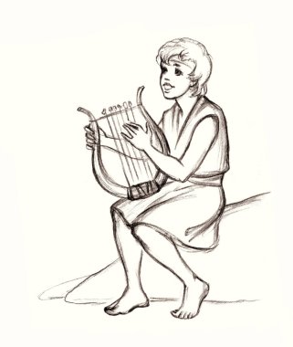 Genç Yahudi hobi erkek çocuk, parmak akoru, Lira Lute notası, dua et de eski moda robot resim çizimi tarzında çizilsin. İsrailli Lord Musevi kız halk sanatları sanatçısı Kral Saul beyaz gökyüzü