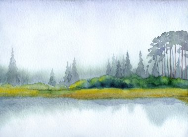 El çizimi açık renkli suluboya resim çizimi. Kağıt arkaplan arkaplan metni üzerine. Gri renk, sakin, kırsal çayır, sis dumanı, deniz manzarası. Çalılık bitkisi parkı. Haze White Creek Körfezi sahnesi