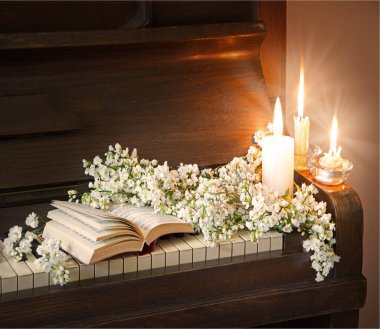 Lush fresh petal bunch gift open paper page dark black night biblic art still life text space. Closeup retro age classic old grand forte sound god faith white wed day even fire light invite card decor
