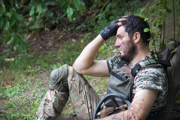 Sozinho Cansado Eua Unidade Marinha Patriota Homem Sentar Descanso Mão — Fotografia de Stock