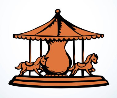 Cute line old retro littl small baby funny chair go run fly roller pony doll toy ferris prater set white sky. Outline hand drawn active people dizzy speed wheel swing logo sign art sketch style design