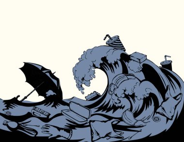 Suya dalma sahnesini temizleyin. Elle çizim toksik zarar, atık atıklar, yaban hayatı tehlike simgesi, modern eskiz sanatı tarzı. Vahşi fırtına sörfü gel-git insan çöplüğü ekosistem manzaralı beyaz gökyüzü metin uzayı