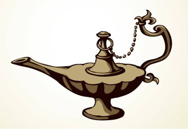 Yakın plan, beyaz masa boşluğunda eski, kilden yapılmış gazyağı kampı şişesi. Siyah mürekkep çizilmiş el, altın kutsal peri efsanesi sihirli alladin rüya, lütfen logo işareti, kutsal çizgi film stili.