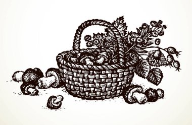 Ana hatları siyah mürekkep çizen el, antika, kaba baston dalı örgü, cep çanağı, bast logosu antik karalama kalem karikatür sanat eserini kabartma stili. Yakın plan, beyaz metin alanı arkaplanı