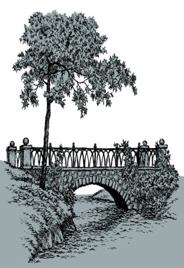 Yaş, kentsel tarih kavisi yolu bahçe deresi bankası sahnesi siyah mürekkep kalem el çizimi resim çerçevesi eskiz çizimi tarzı. Sahne vahşi çalılık ağaç yaprağı bitki beyaz metin arkaplanı görünümü