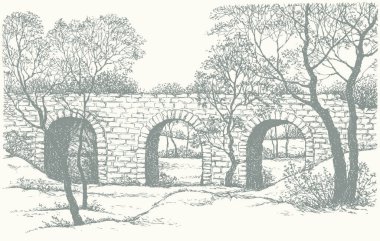 Yaş olarak yüksek kentsel kavis yolu soğuk, buz tutmuş gölet göleti sahnesi siyah mürekkep kalem el çizimi Brook Paper retro doodle line tarzı. Sahne alacakaranlık yüksekliğindeki yabani akçaağaç bitkisi dere manzaralı beyaz gökyüzü metin uzayı