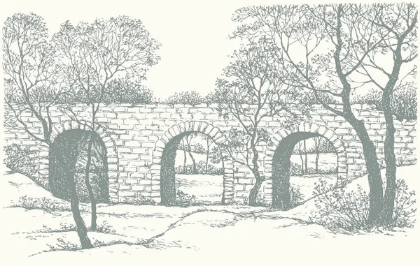 Edad Alto Arco Urbano Camino Camino Frío Helada Patio Estanque — Archivo Imágenes Vectoriales