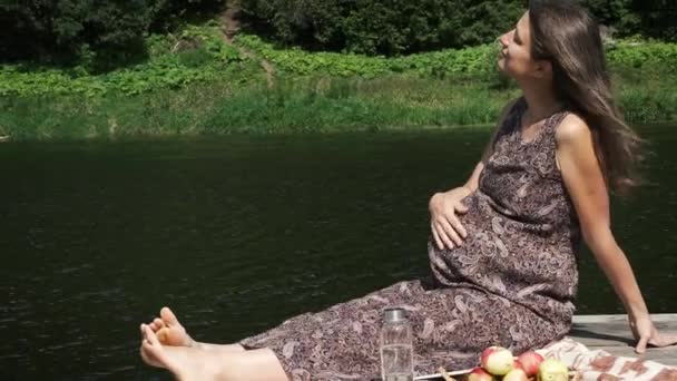 茶色いドレスを着た妊婦が湖の近くの木製の桟橋に座って腹を撫でていた ピクニック屋外 健康的な妊娠 健康コンセプト — ストック動画